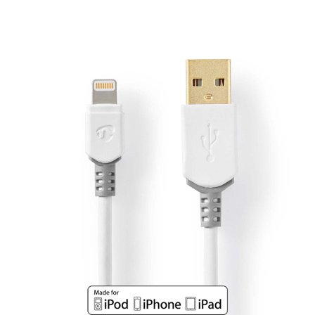 Lightning Kabel | USB 2.0 | Apple Lightning, 8-stifts | USB-A Hane | 480 Mbps | Guldplaterad | 2.00 m | Rund | PVC | Grå / Vit | Låda