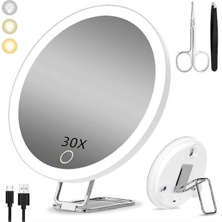 30X Forstørrelsesspeil med Lys, 15cm 3 Fargemoduser Dimming, med 3 Sugekopper og 360 Bordstativ