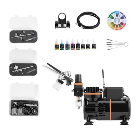 Aero spray kit med 1/6 HP-Duoku kompressor - Sæt inklusive 3 dobbeltvirkende sprøjtepistoler og 3 dyser