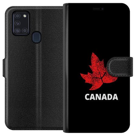Kompatibelt Lommeboketui til Samsung Samsung Galaxy A21s Grafisk lønnebladsymbol i rødt mot svart bakgrunn med tydelig kanadisk referanse og minimal