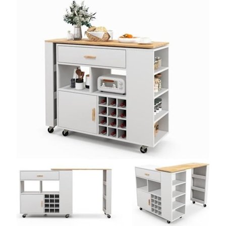 COSTWAY Rullende køkken-ø-dessert med skuffe Justerbar hylde Barbord med 12-flasker vinstativ Krydderiste