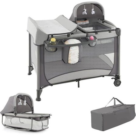 COSTWAY 5 i 1 hopfällbar spjälsäng Avtagbar resesäng med madrass, justerbar kapell, 2 leksaker, skötbord grå