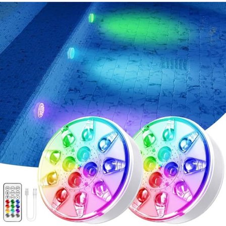 Poolbelysning 2-pakning Oppladbare LED Undervannslamper, IP68 Vanntette med Fjernkontroll – For Basseng, Spa & Fest