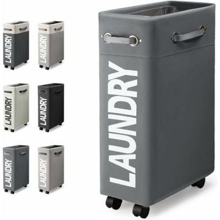45L Smal Hopfällbar Tvättkorg med 4 Hjul Smal Vikbar Tvättkorg Rektangulär Tvättkorg för Förvaring av Kläder Hemma (Mörkgrå)/NC/