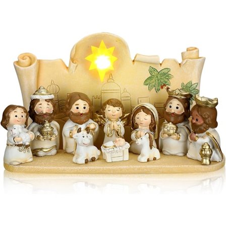 11-delad Mini Julkrubba med Liten Figuriner och Ljus