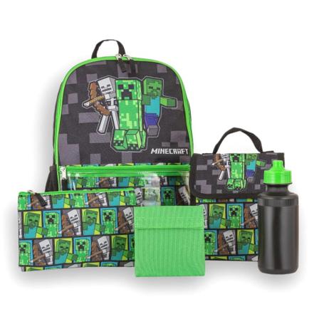 5-pack Minecraft Creeper Ryggsäck Skolväska Med Vattenflaska Lun Grey/black/green One Size