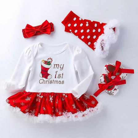 4-pack Nyfödd Babyflicka Julklänning Outfit Huvudband Benvärmare Skor Set 0-3 Månader Julstrumpor Christmas Socks S 0-3 Months