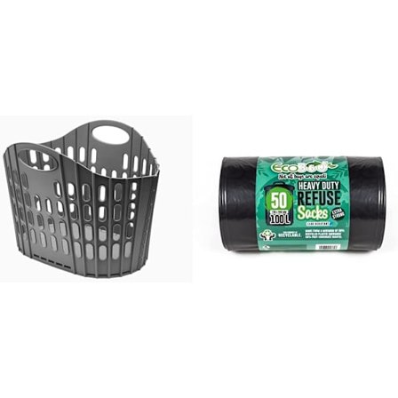 Platt sammenleggbar vaskekurv, mørkegrå, 38 liter & Eco Bag 50 ekstra sterke søppelsekker, svart, 1x mørkegrå Dark Grey