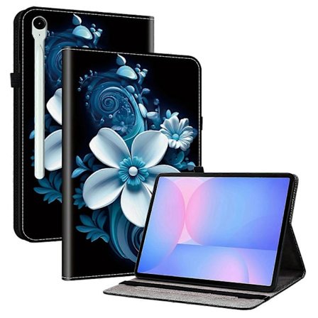 Læderetui med trykt mønster og stativ til Samsung Galaxy Tab S10 FE+ med kortlommer, Sort orkidé