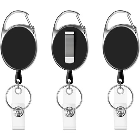 3 stk. kraftige rullespenner med snor, nøkkelring med ID-kortholder, passkort, nøkler eller mobiltelefon