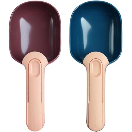 Sæt med 2 måleskeer til kæledyrsfoder, multifunktionel ske, 100 g kæledyrsfoder måleske, melske, kompostmåleske (brun+blå)