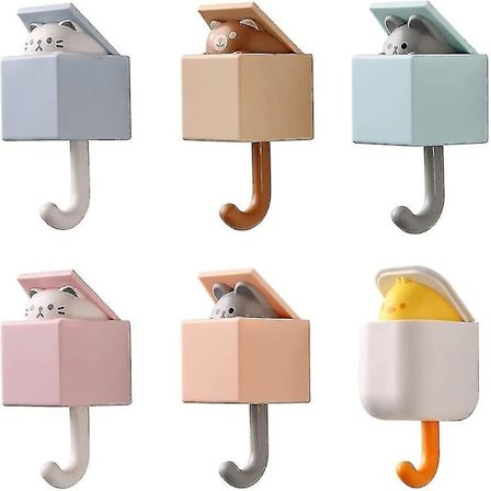 6 stk søt kattekrok sømløs vaskerom dørhenger nøkkel paraply håndkle cap krok