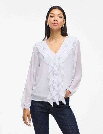 Vila Viane L/S V-Neck Frill Top - Noos - White - 36