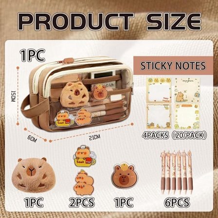 Kapibara Koulusetti, Paperitarvikesetti, 12-osastoinen Penaali 8 Kynällä ja Tarvikkeilla, Täydellinen Paperitarvikepaketti Lapsille