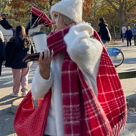 Dame Rød Hvidternet Vinterhalstørklæde Fluffy Hyggeligt Varmt Klassisk Ternet Med Frynser