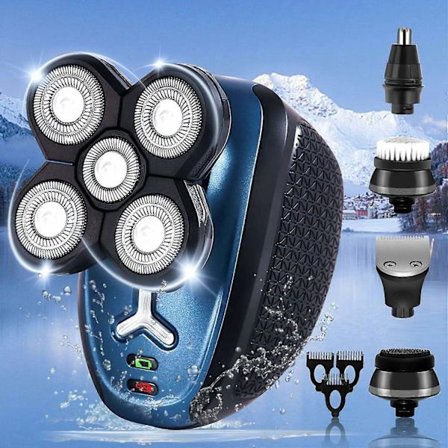 Kaljupään sähköparranajokone johdoton miesten parranajokone 5 in 1 vedenpitävä ja kuiva miehille 5-päinen sähköparranajokone pään ajeluun - WELLNGS