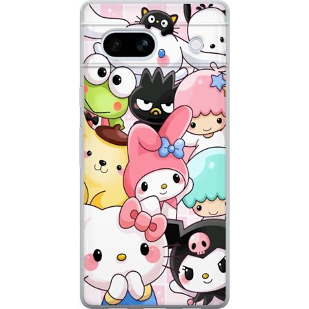 Kompatibelt Mobildeksel til Google Pixel 7a Tett mønster av søte figurer med store øyne i ulike farger og uttrykk med LABUBU-tekst