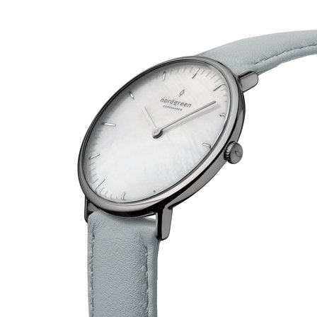 Nordgreen Danish minimalist slim women's watch - Gun Metal Case - Silver Dial - 28mm Grey Vegan Leather Watch Band Native White Dial