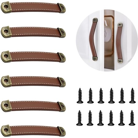 Set med 6 möbelhandtag i läder, vintage khaki läder dörrhandtag och lådhandtag, ergonomiska och säkra för skåp, garderober, byråer