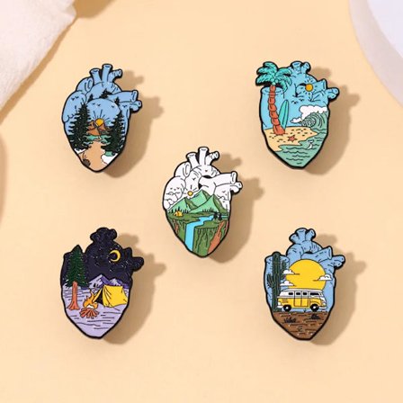 landscape rive moutain tent bus in heart metal design Badges Brooch Enamel Pins label Bag Backpack hat Jewelry gift accessories