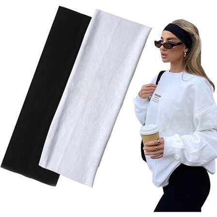 7 cm leveät mustat hiusnauhat naisille ja miehille, 2-pakkauksessa muodikkaita hiusnauhoja naisille, pehmeät meikkiin, joogaan, juoksuun, urheiluun