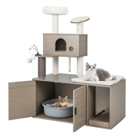 COSTWAY Cat Tree 132CM - 2-dörrars katttoaletthus - löstagbar kudde, skrapstolpe, lägenhet, topppinne