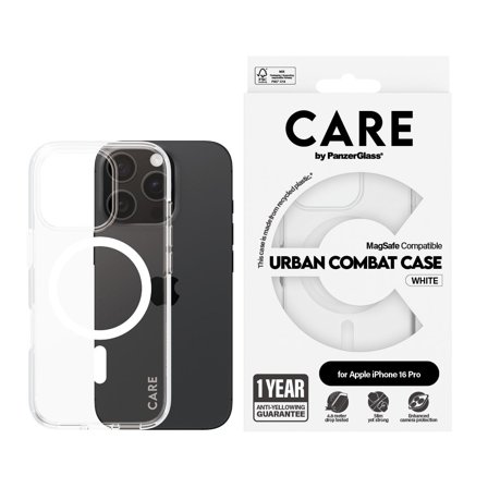 CARE by Panzer Flagship Case Transparent Urban Combat w. White MagSafe iPhone 16 Pro PanzerGlass - High quality tempered glass screen protector