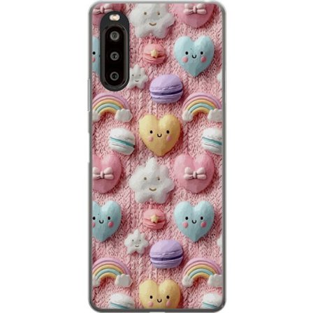 Yhteensopiva Puhelinkuori Sony Xperia 10 II Pastellimotiiivi sydämillä, pilvillä, sateenkaarilla ja makaronseilla vaaleanpunaisella taustalla suloises