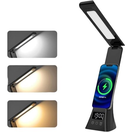 LED Skrivebordslampe/Bordlampe – 15W Trådløs Lading, Dimbar, Touch, Klokke & Mobilholder_TF_TF