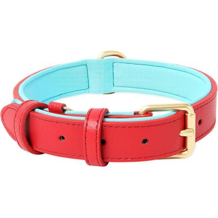 Mjukt Läderhundhalsband för Medelstora Hundar Andningsbart Vadderat med D-Ring, Justerbart Klassiskt Hundhalsband, Röd, M