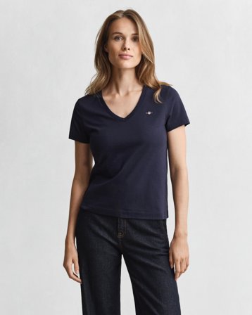 GANT Damen V-Neck T-Shirt (M) Marineblau