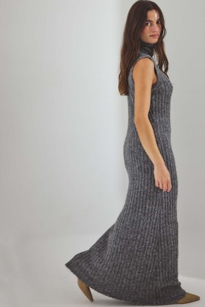 NA-KD - Strikket maxikjole i ullblanding med rullekrage - Høstkjoler - Grå - L