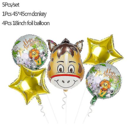 5 stk. Jungeldyr Tiger Løve Ape Zebra Giraff Ku Luft Helium Ballong Barn S