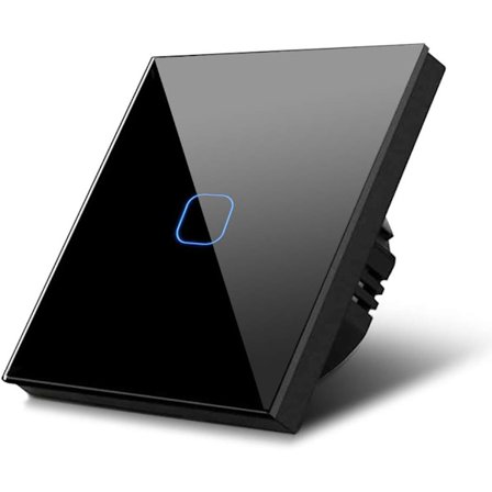 Yksittäinen musta lasinen kosketusseinäkytkin korkealaatuisella neliönmuotoisella painikkeella ja LED-taustavalolla