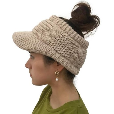 Beige Beanie Tail Vinter Varma Stickad Messy Hög Bun Ponytail Mössor