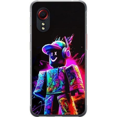 Kompatibelt Mobilskal till Samsung Samsung Galaxy Xcover 5 Färgstark Robloxfigur i neonfärger mot svart bakgrund i modern gamingstil
