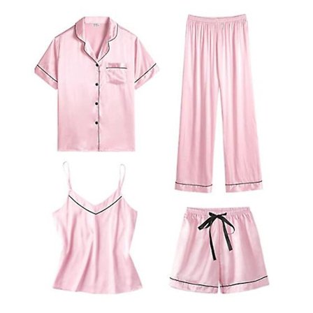 Dam 4-delad pyjamas set, siden satin nattkläder sexig cami