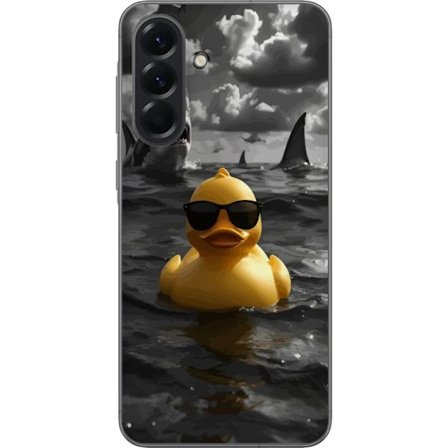 Kompatibelt Mobildeksel til Samsung Samsung Galaxy A56 En kul gul badeand med solbriller flyter rolig i havet mens haier sirkler i dramatiskt vann og