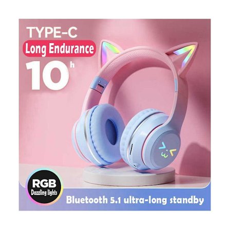 Trådløse hovedtelefoner RGB søde katte piger barn gave headset med mikrofon musik gaming headsets kontrol lys øretelefon B(hvidPink)