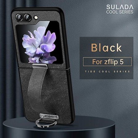 Z Flip 5 Case, tunt Pu Läder Ring Stand Case För Samsung Galaxy Z Flip 5 Med handremshållare