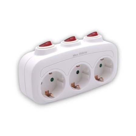 Triple Schuko stik i hvid med individuel kontakt 3 stikkontakter med kontakt Adapter med individuel kontakt MAX. 3680W 16A/250V Triple tyveriadapter