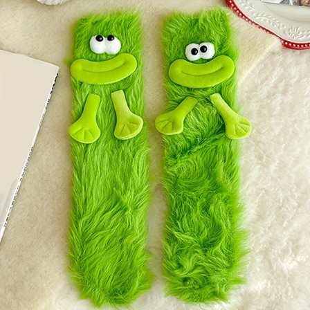 Par Dame Vinter Varme Termiske Midt-legg Sokker - Søtt Tegneseriefigurdesign med Uttrykksfulle Øyne & Munner, Mykt Tykt Stoff