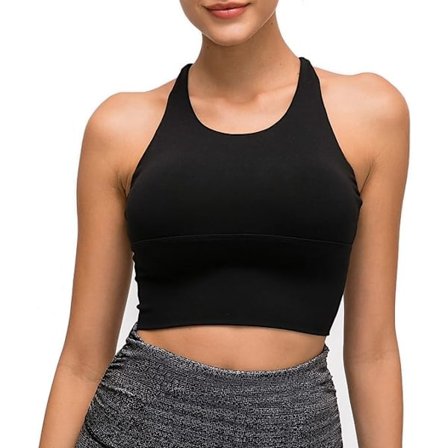 Kvinnors vadderade sport-bh med långa remmar och inbyggd hylla-bh - Svart