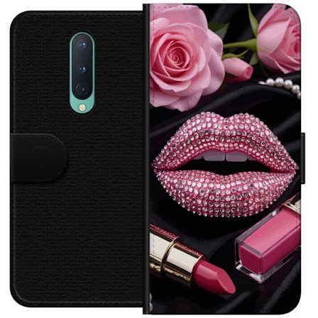 Yhteensopiva Lompakkokotelo OnePlus 8 Pinkki huulet timantit meikki kimaltelevat