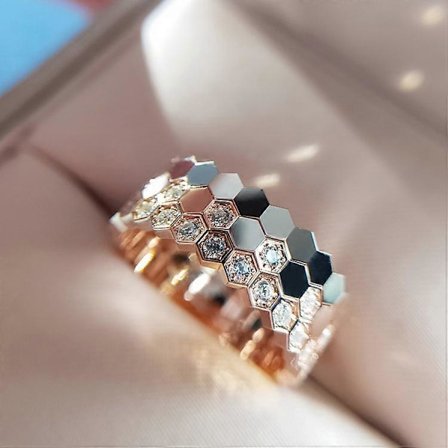 Roséguld Söt Bi Honungskaka Ring Minimalistisk Dam Geometrisk 3PCS Set Glänsande Kubisk Zirkonia Diamant Hexagonal Ring Bröllopsdag Evighetsring (