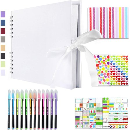 Fotoalbum + farvede penne + klistermærkesæt; Scrapbog-fotoalbum, mindealbum, rummer 40 fotos