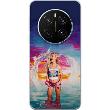 Kompatibelt Mobildeksel til Honor Magic7 Pro Blond kvinne i fargerik strandantrekk som leker i havet ved solnedgang