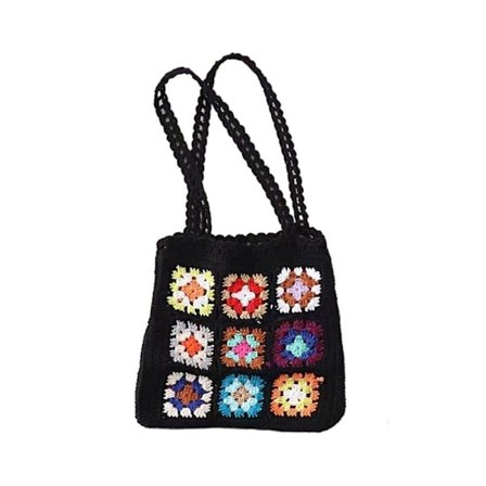 Håndlaget Hekleveveveske Grid Skulderveske SVART