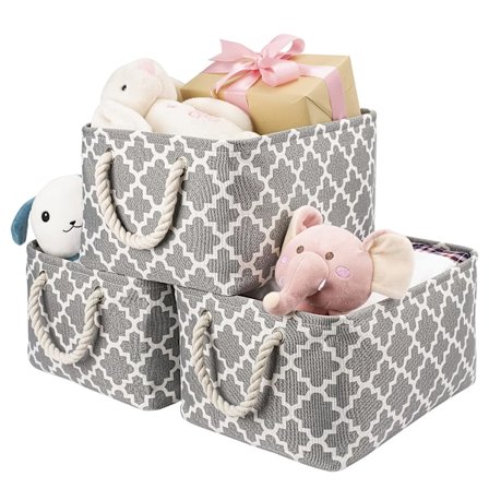 Sett med 3 sammenleggbare oppbevaringskurver i lerret med bomullstauhåndtak