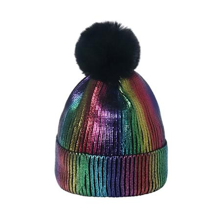 Tjock kabel stickad vintermössa med fuskpälsboll - Unisex - Flerfärgad